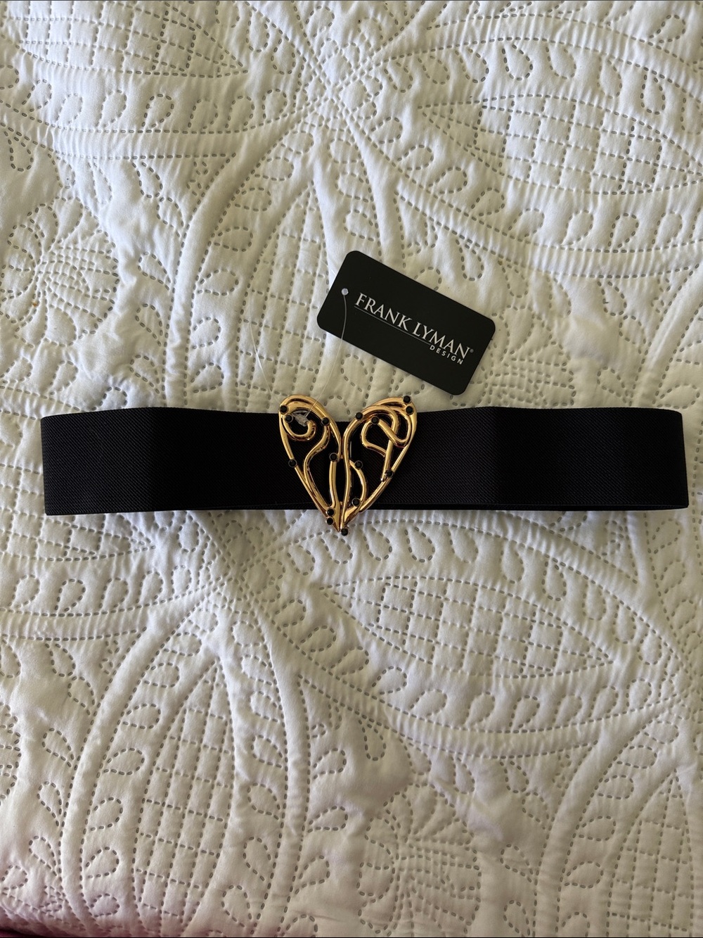 Frank Lyman Design Black Elastic Belt with Gold Heart Buckle